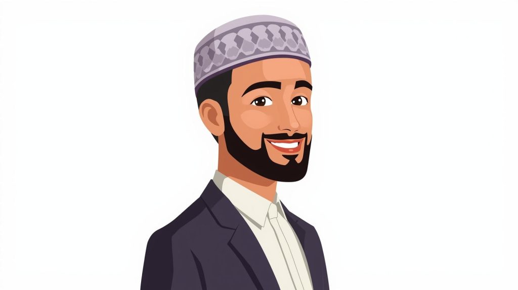 Ilustrasi pengajar privat Islami dengan latar belakang putih, mengenakan peci tradisional dan pakaian formal, tersenyum dengan penuh percaya diri.