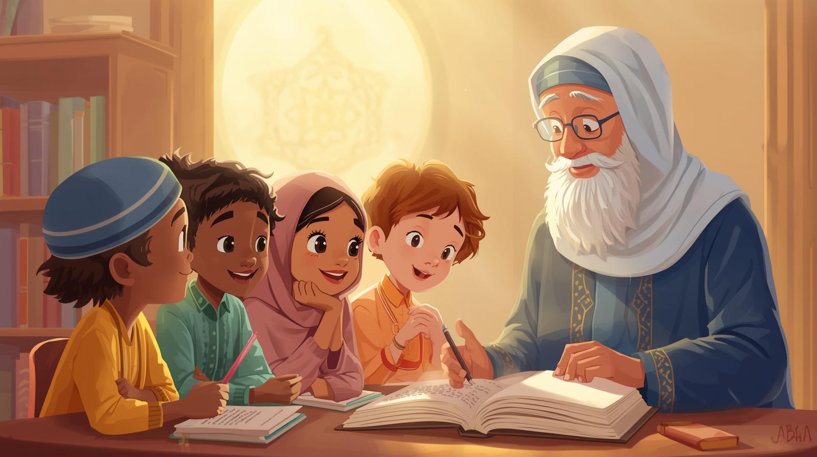 Pentingnya Adab dalam Menuntut Ilmu bagi Anak Menurut Islam Anak belajar bersama guru dengan suasana islami yang menekankan pentingnya adab dalam menuntut ilmu sejak dini.