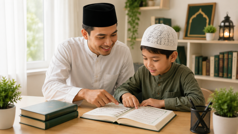 Seorang guru privat sedang membimbing anak belajar mengaji Al-Qur'an di rumah dengan suasana belajar yang nyaman dan bernuansa Islami.