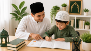Anak belajar calistung bersama guru privat bernuansa Islami di rumah dari Privat Bunayya.